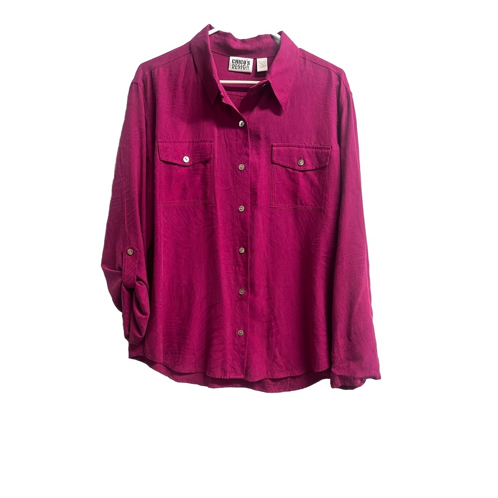 Chicos sz 2 solid‎ L/S 100% silk Button up magenta pink